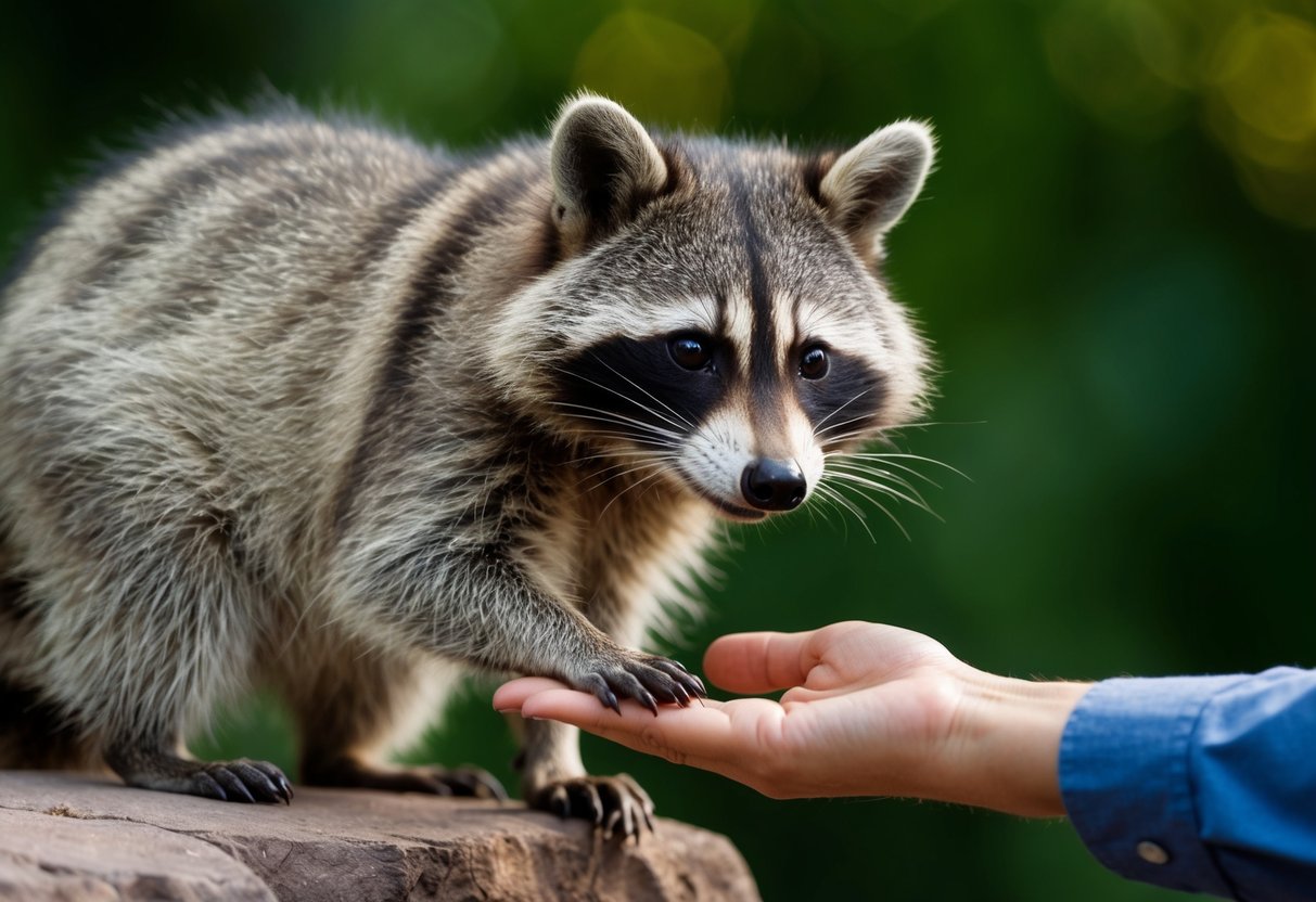 A raccoon cautiously approaches a human's outstretched hand