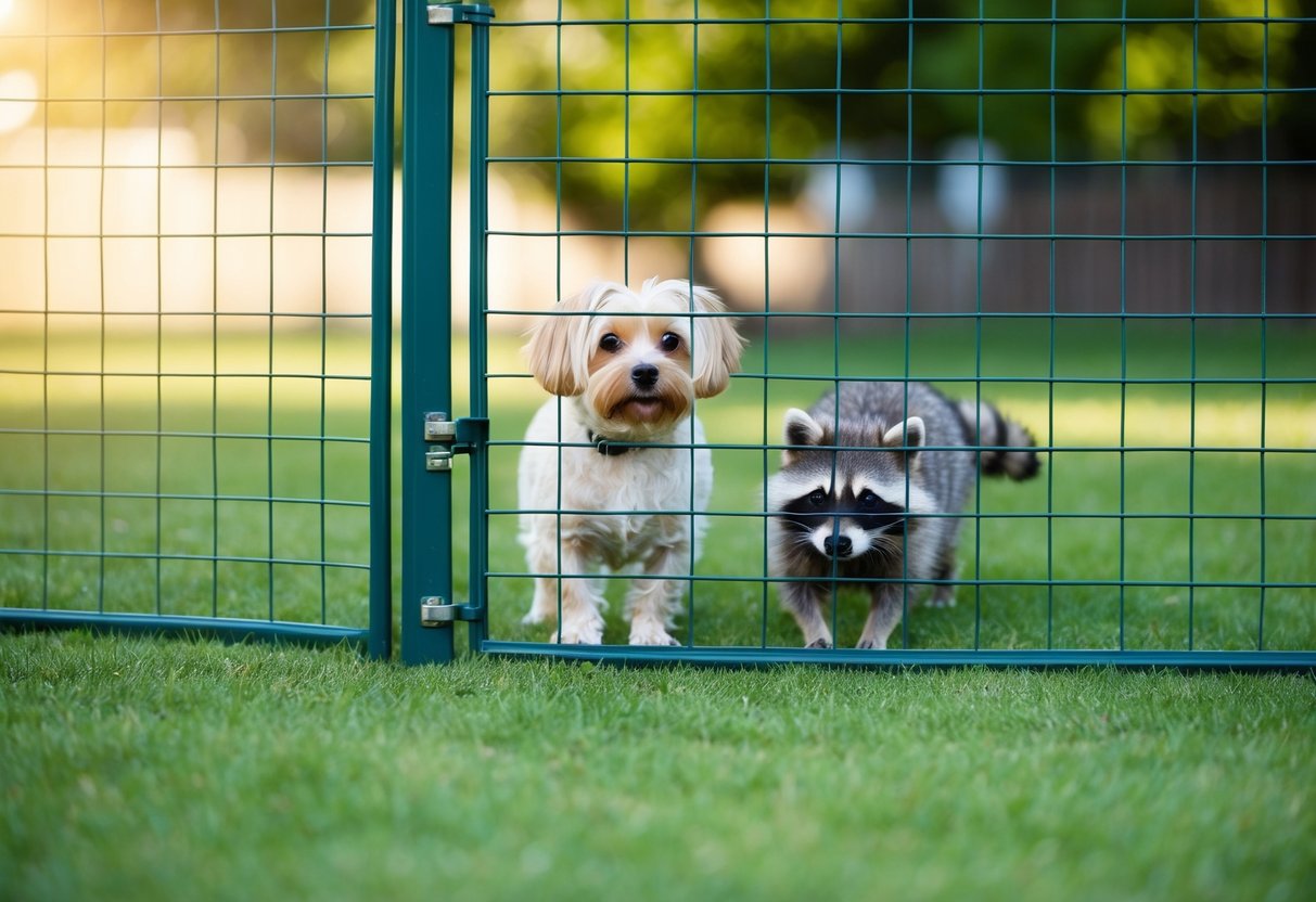 A small dog safely enclosed in a fenced yard, while a raccoon is seen prowling outside the perimeter