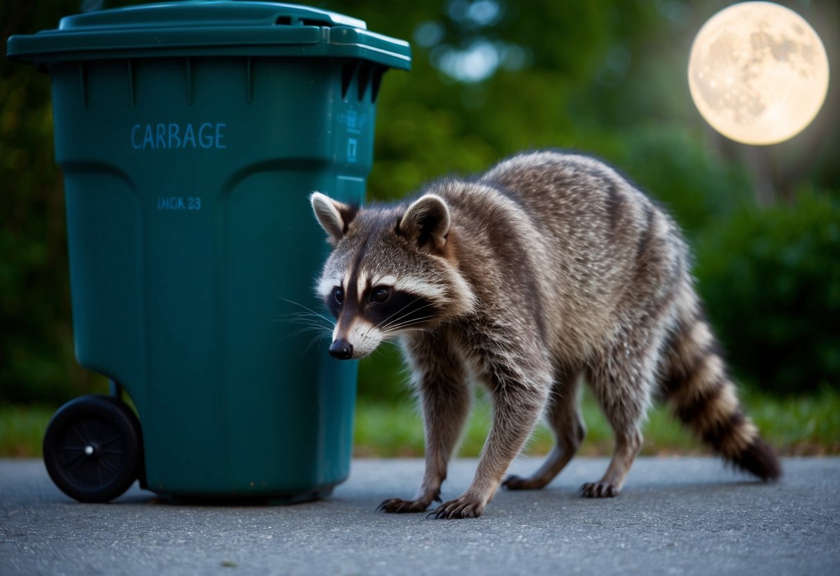 A raccoon cautiously approaches a garbage can, its fur bristling as it sniffs the air. The moon casts a soft glow on its mask-like face