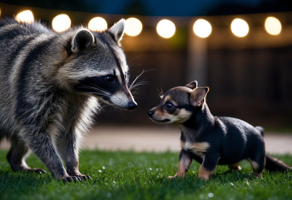 A raccoon and a small dog face off in a backyard at night, their eyes locked in a tense stare