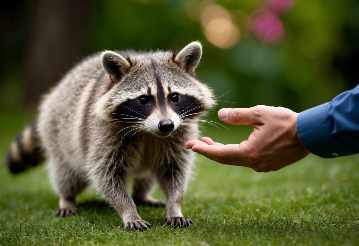 A raccoon cautiously approaches a human hand, its fur puffed up