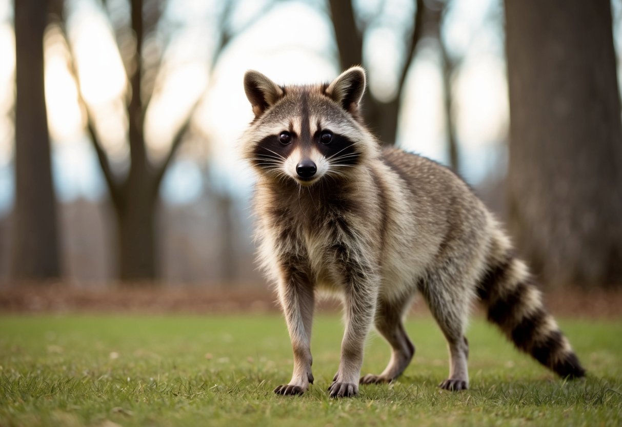 A raccoon dog stands on its hind legs, with its fluffy tail curled behind it. Its pointed ears and masked face give it a mischievous appearance
