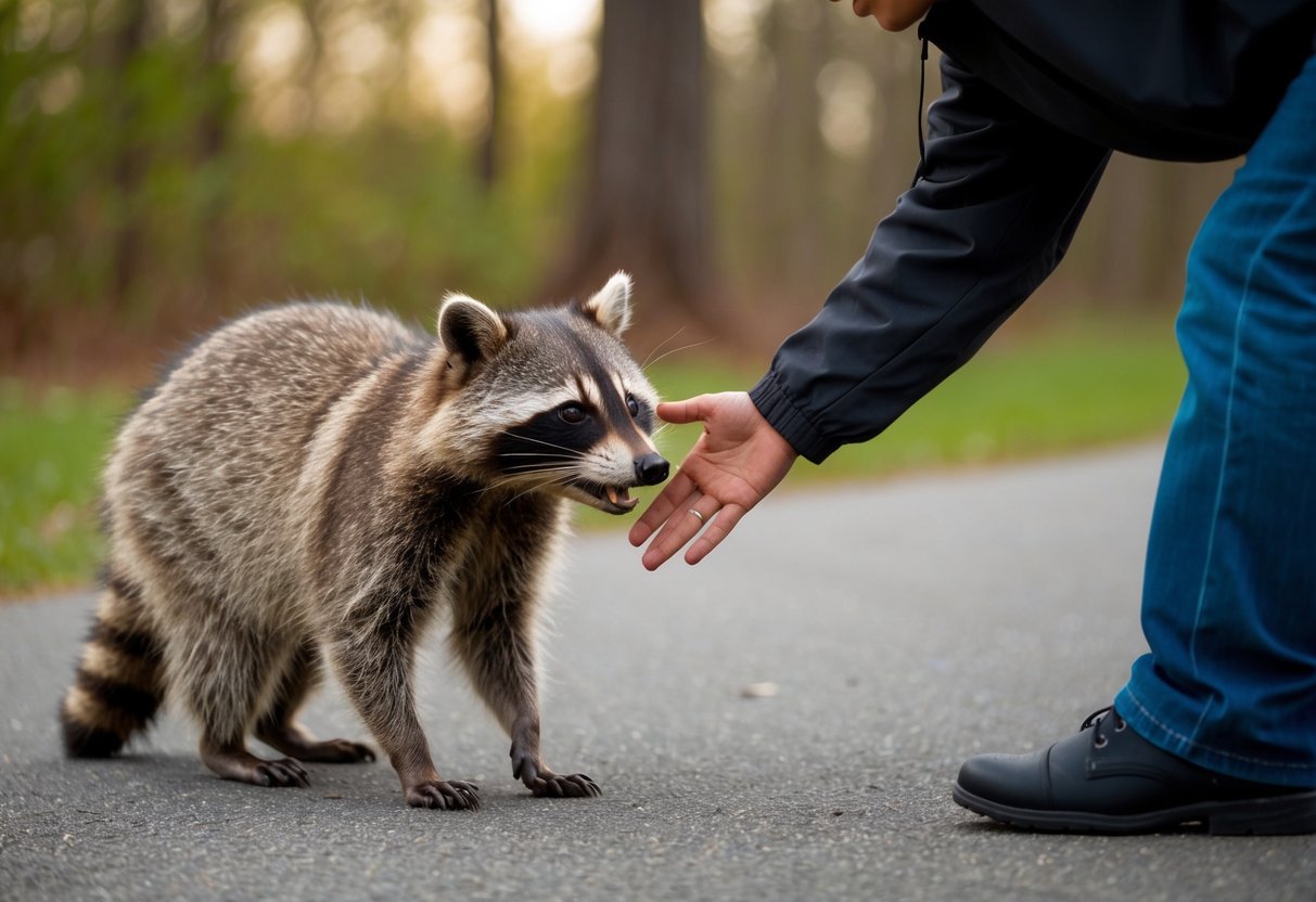 A raccoon cautiously approaches a person, its fur standing on end. The person reaches out to touch the raccoon, but the animal recoils in fear