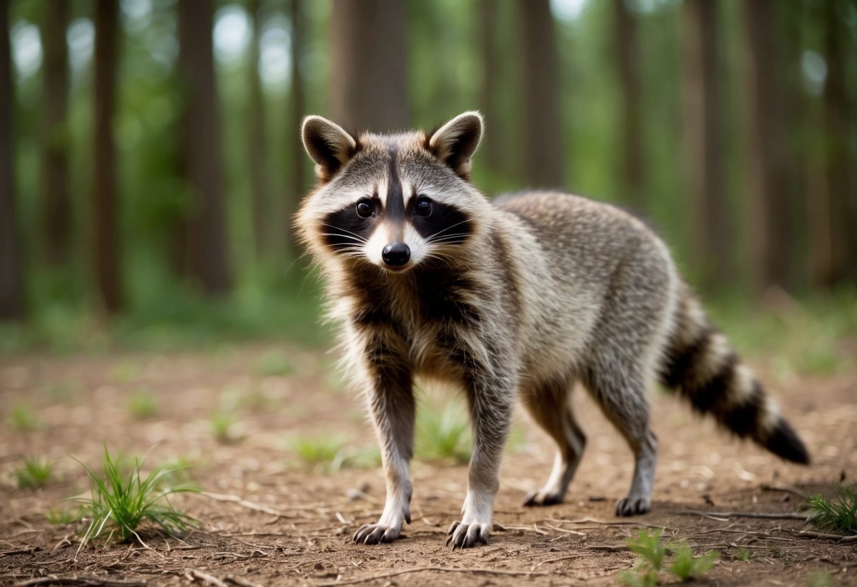 A raccoon dog standing in a forest clearing, with its distinctive face and fur clearly visible