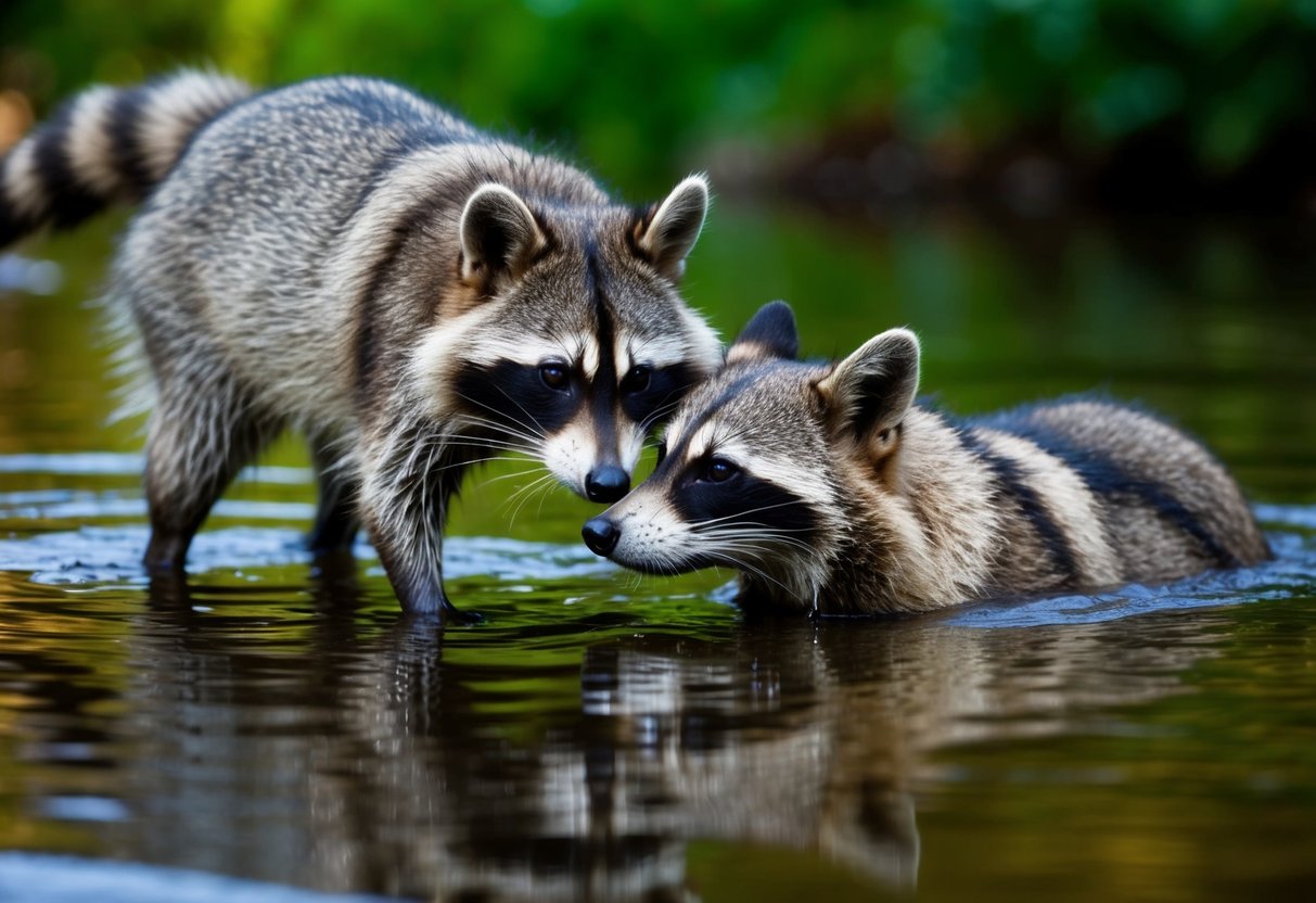 A raccoon pushes a dog's head underwater in a shallow creek