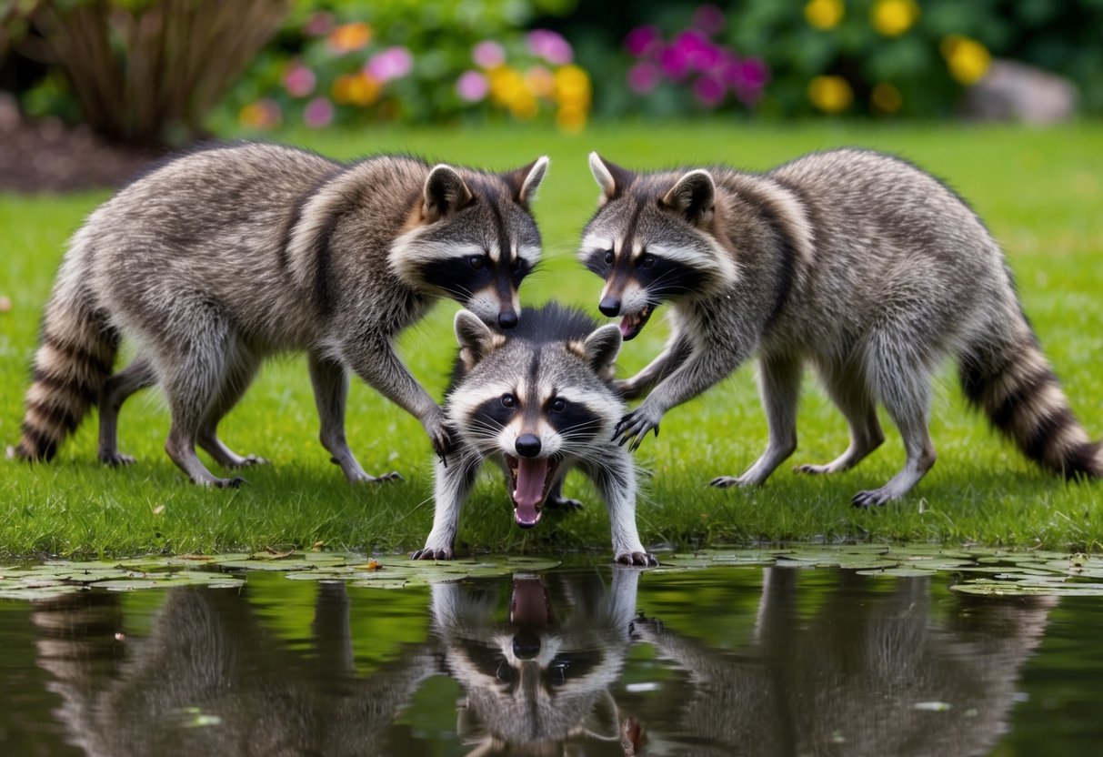 Raccoons surround a barking dog near a pond, one attempting to push the dog's head underwater