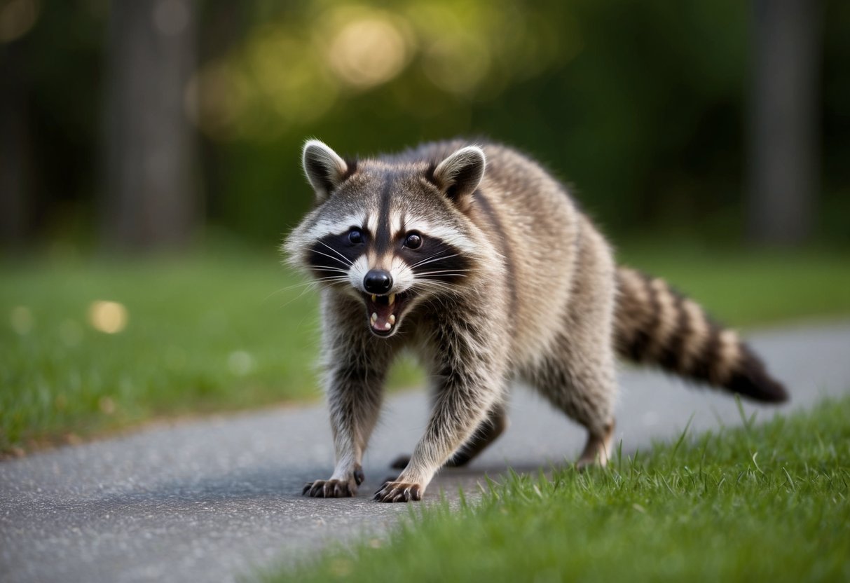 A raccoon snarls, its teeth bared, as it lunges towards the viewer