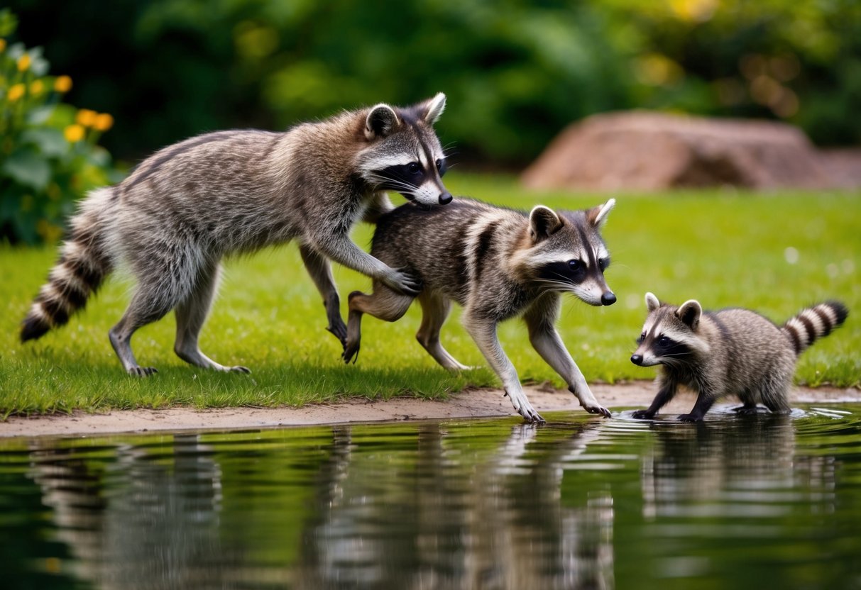A raccoon pushes a dog into a pond, while another raccoon watches from the shore
