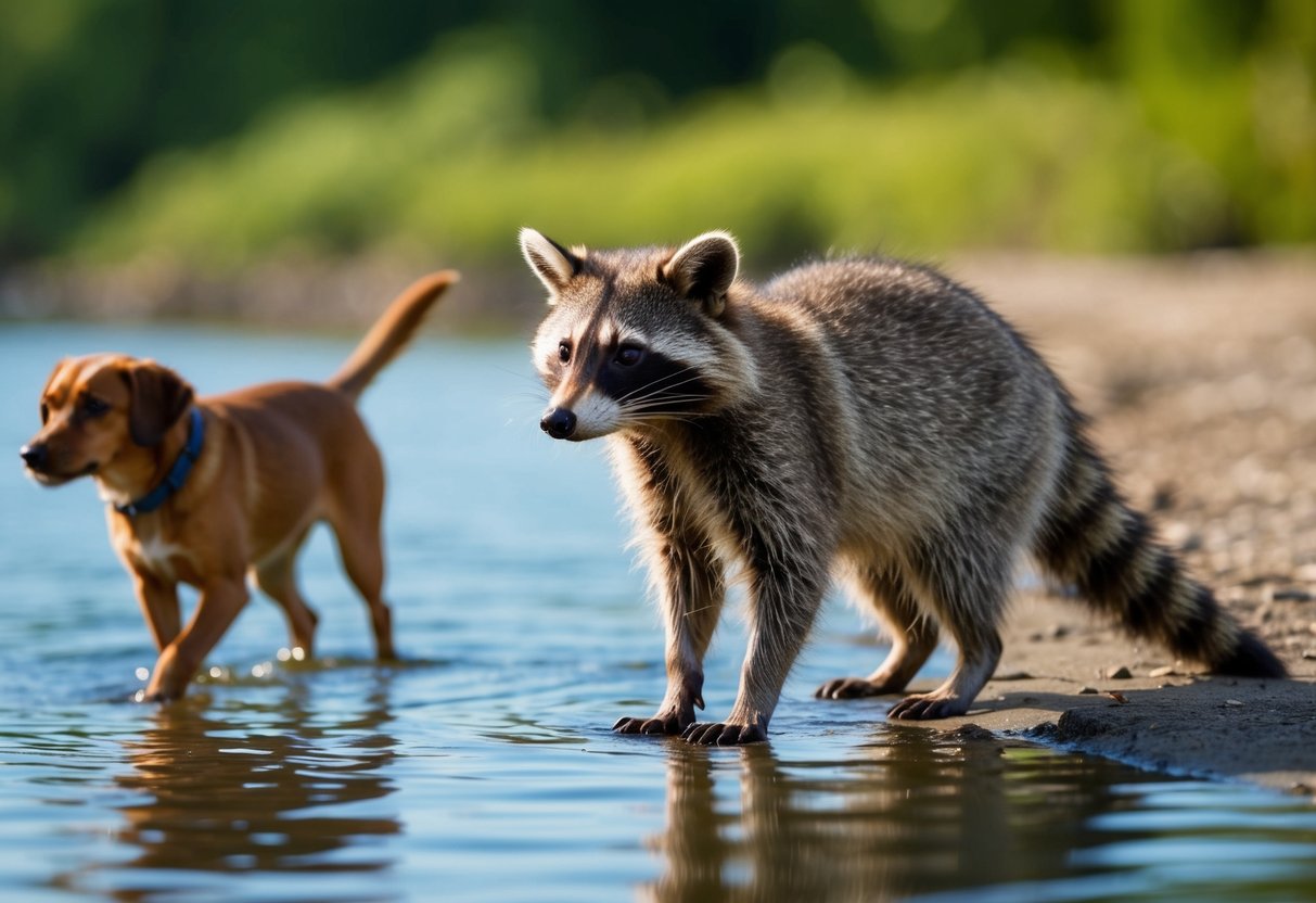 A raccoon stands at the water's edge, eyeing a curious dog from afar