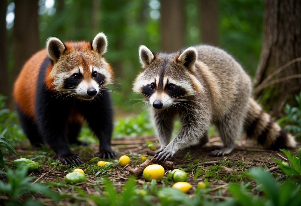 A raccoon foraging in a forest, closely observed by a curious red panda