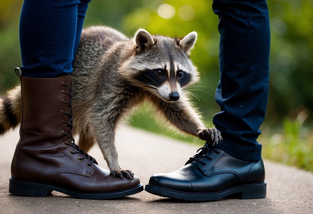 A raccoon reaching out towards a person's leg, with a concerned expression on the person's face
