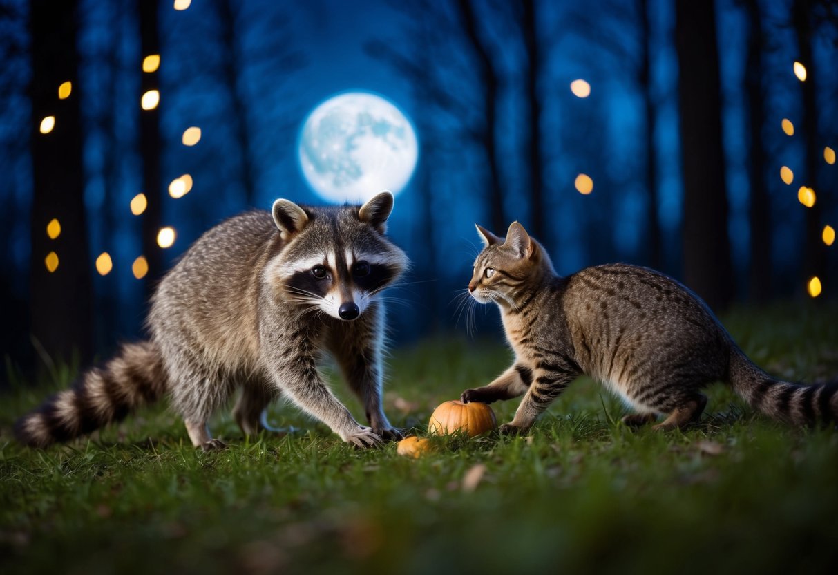 A raccoon and a ringtail cat forage together in a moonlit forest, their masked faces illuminated by the glow of fireflies