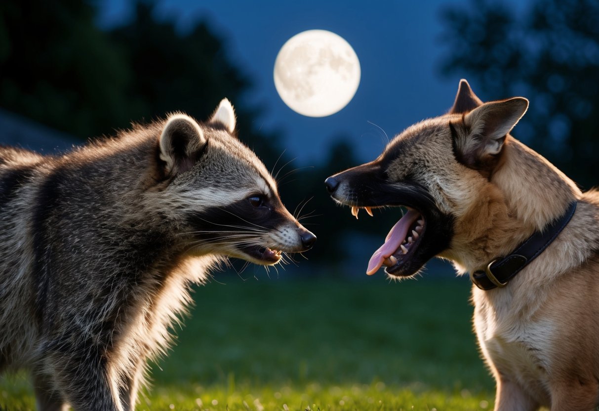 A raccoon faces off against a snarling dog in a moonlit backyard
