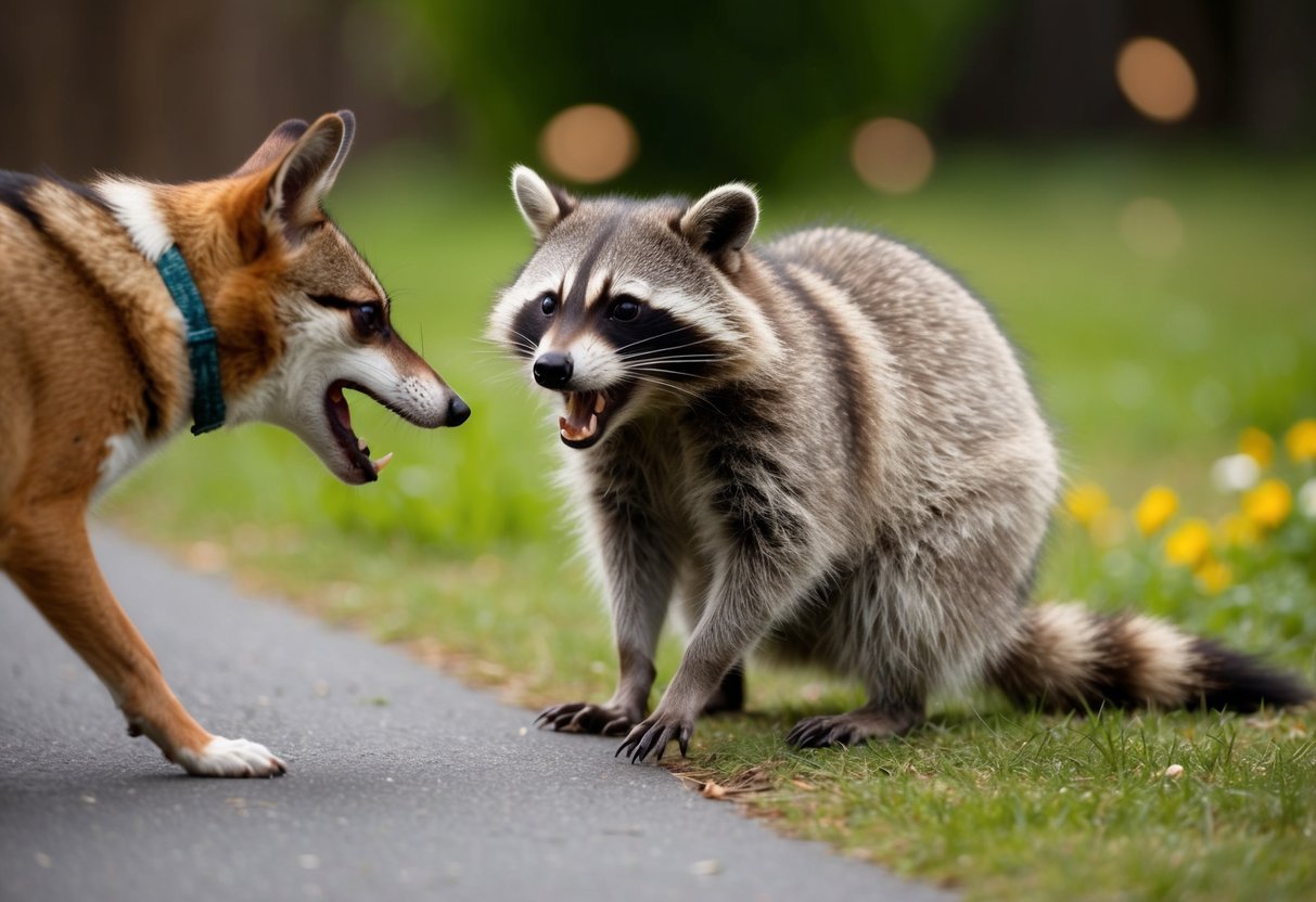 A raccoon crouches defensively, baring its teeth at a barking dog