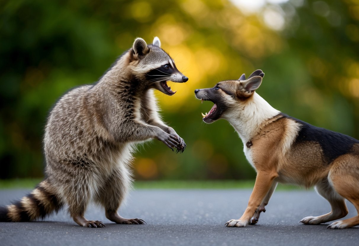 A raccoon stands on its hind legs, baring its teeth and claws at a barking dog. The dog snarls back, ready to pounce