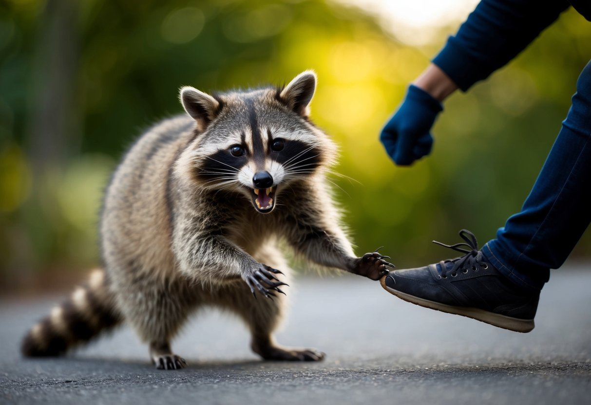 A startled raccoon lunges at a person, its claws extended and teeth bared