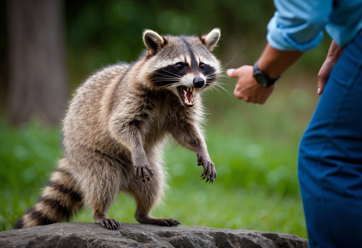 A raccoon stands on hind legs, snarling and baring its teeth at a person, its fur puffed up in aggression