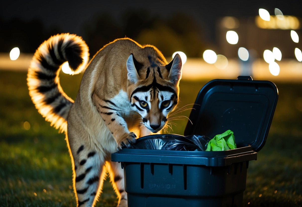 A large animal with a ringed tail and a mask-like pattern on its face, foraging through a trash can at night