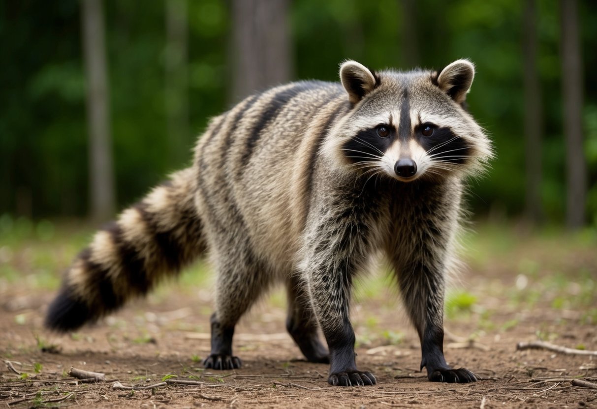A large, bushy-tailed animal with a pointed snout and distinctive facial markings resembling a giant raccoon, standing in a forest clearing
