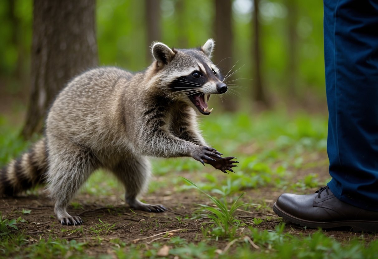 A raccoon lunges at a person, teeth bared, in a wooded area