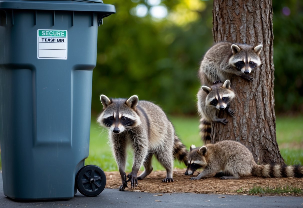 A raccoon cautiously approaches a secure trash bin, while a family of raccoons sleeps in a tree nearby