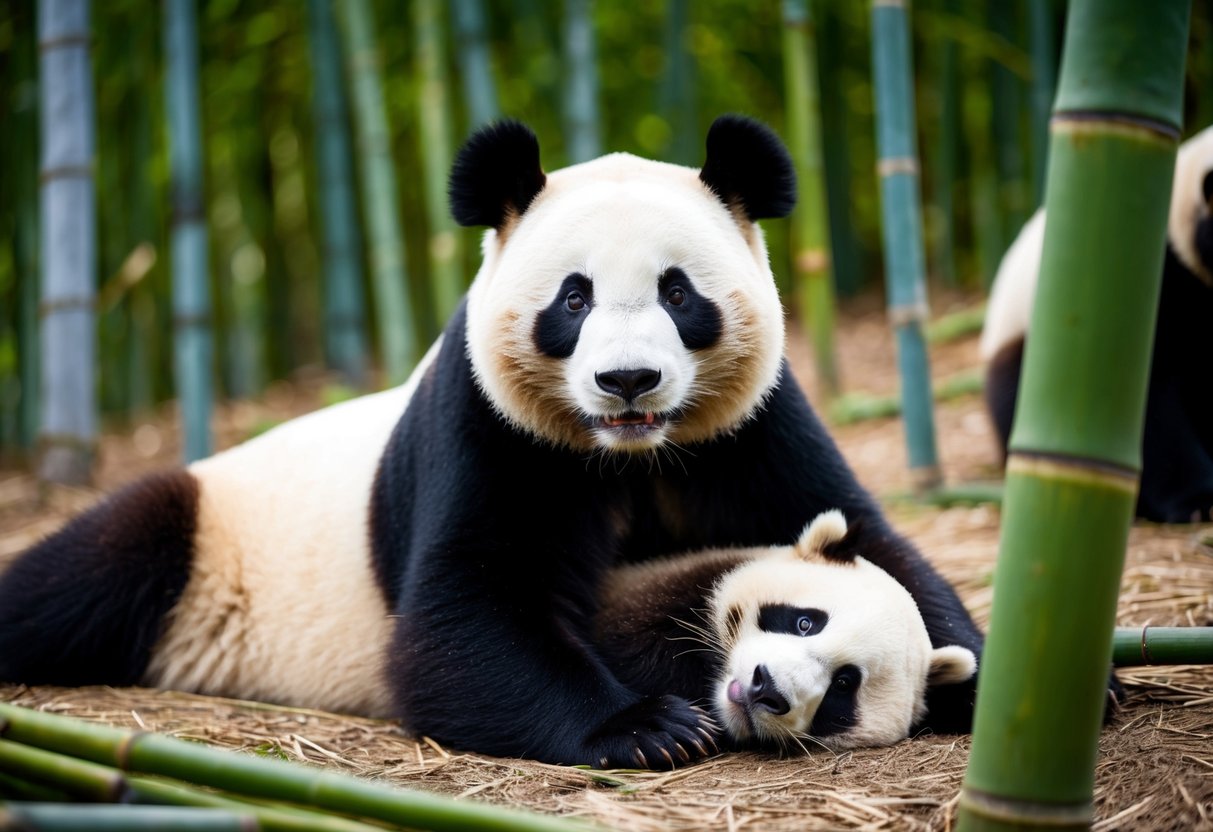 A giant panda lounges in a bamboo forest, resembling a massive raccoon with its black and white fur and distinctive facial markings