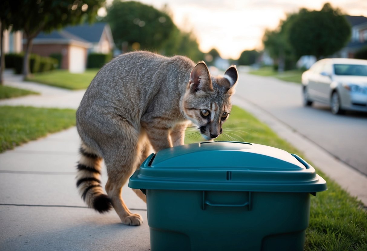 A large, furry animal with a ringed tail and pointed ears scavenges through a trash can in a suburban neighborhood