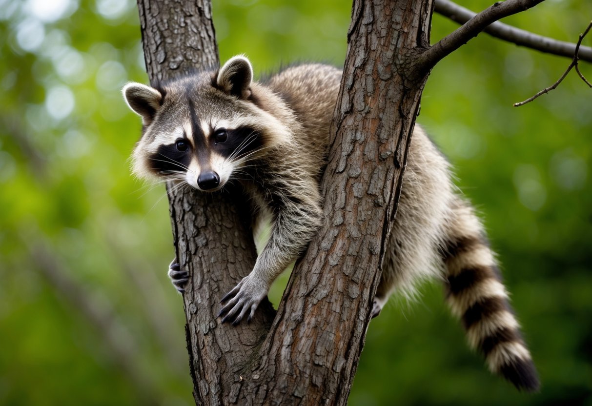 A raccoon, related to bears, climbs a tree with its distinctive mask and ringed tail
