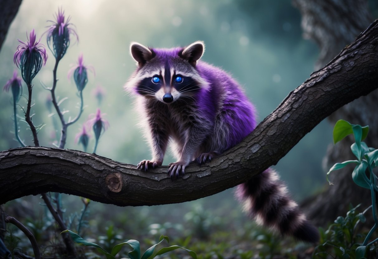 A raccoon-like animal with purple fur and glowing blue eyes sits on a tree branch, surrounded by strange, otherworldly plants and a misty, ethereal atmosphere