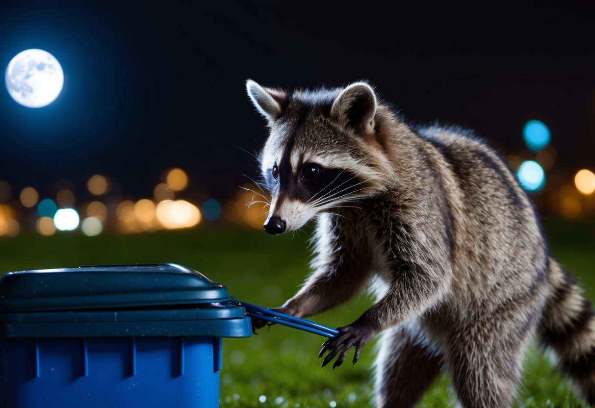 A raccoon-like animal with a pointed snout and ringed tail forages through a trash can at night, its masked face illuminated by the moon