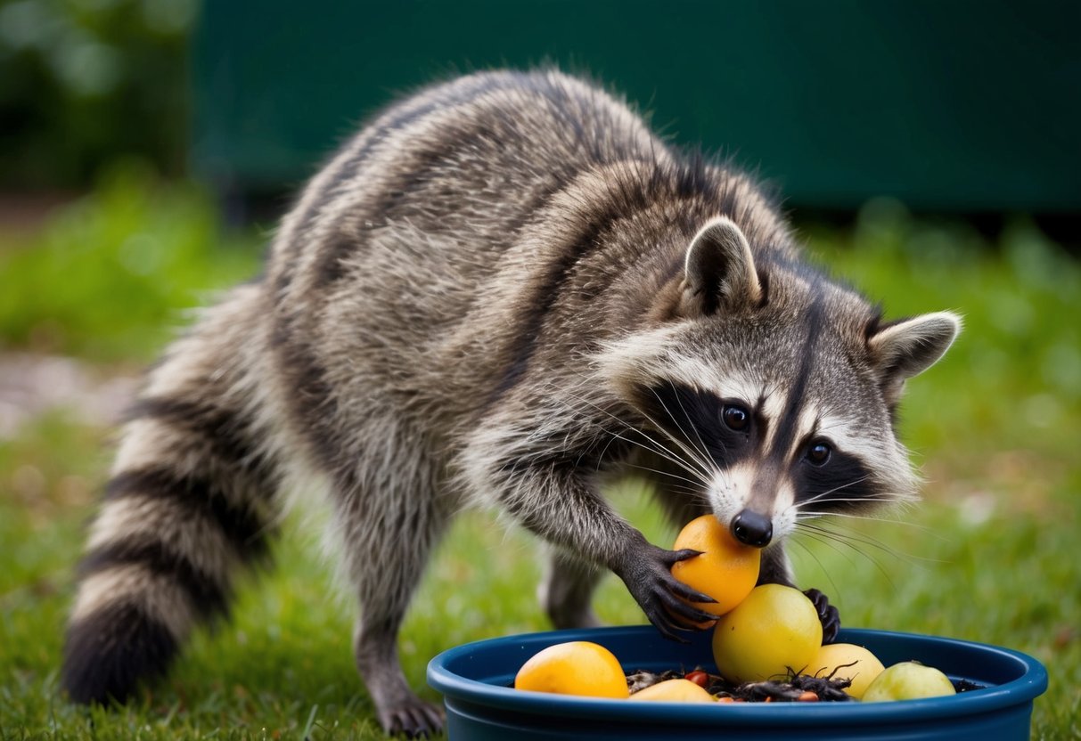 A raccoon-like animal with a long snout and bushy tail scavenges for food in a trash can. It appears to be eating a mix of fruits and insects