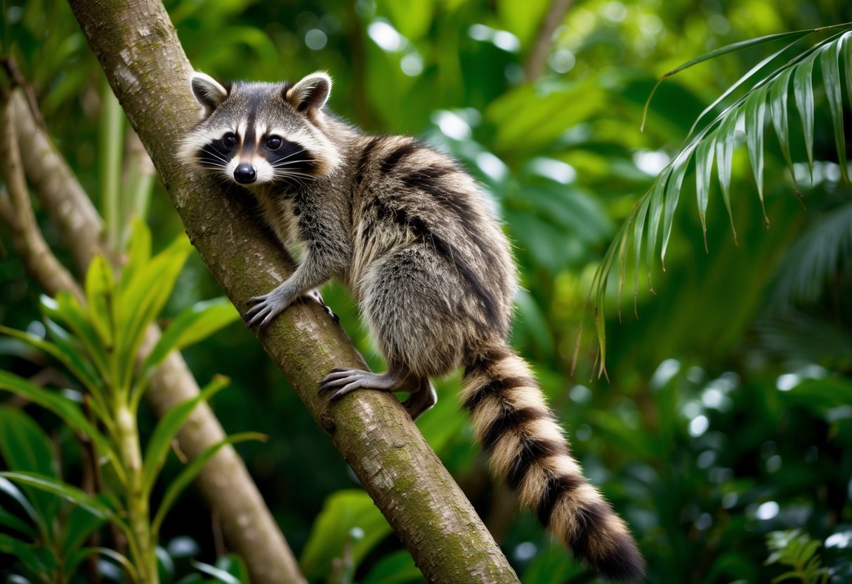 A strange raccoon-like creature with striped fur climbs a tree in a lush, tropical forest. Its long, bushy tail and masked face stand out against the vibrant green foliage