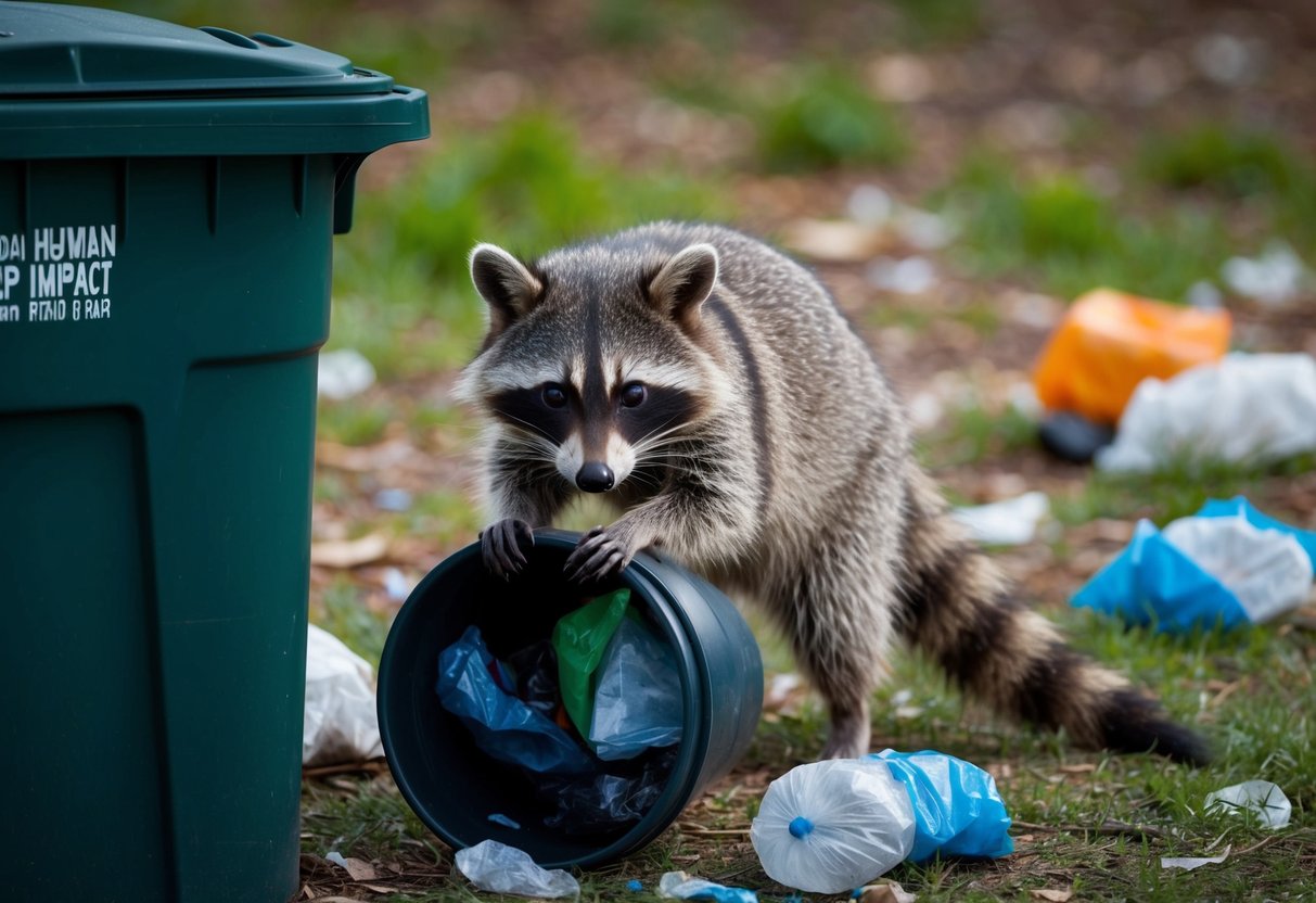 A raccoon-like animal scavenges through a trash can, surrounded by litter and signs of human impact on the environment