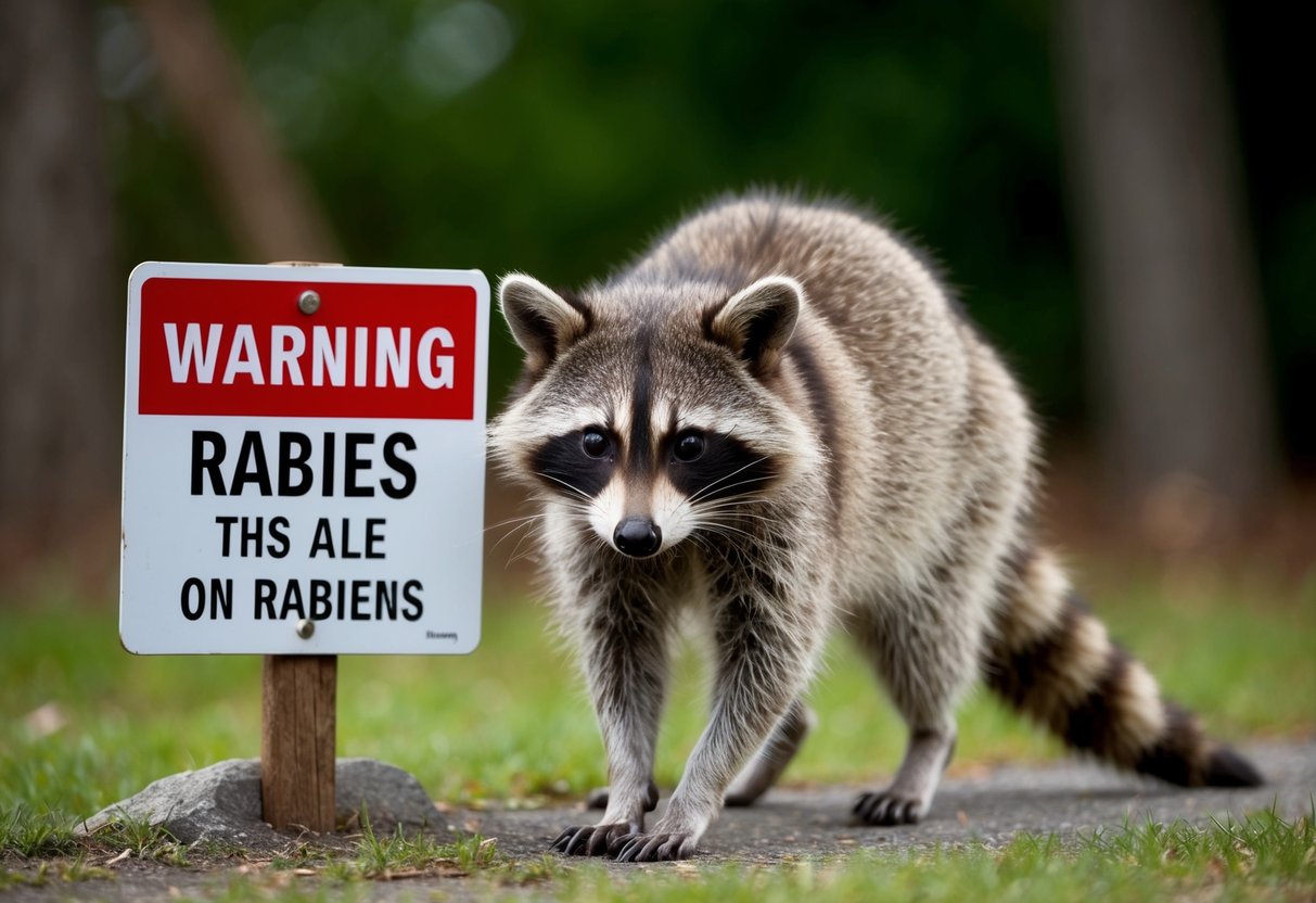 A raccoon cautiously approaches a sign warning about rabies. The raccoon's eyes are wide and alert, and its body language is tense