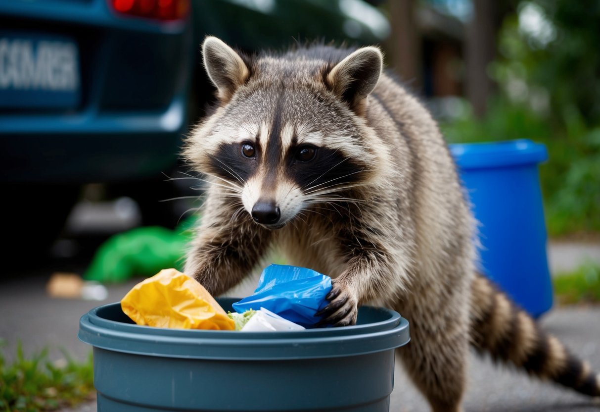 A raccoon rummages through a trash can, pulling out leftovers and scraps left by humans