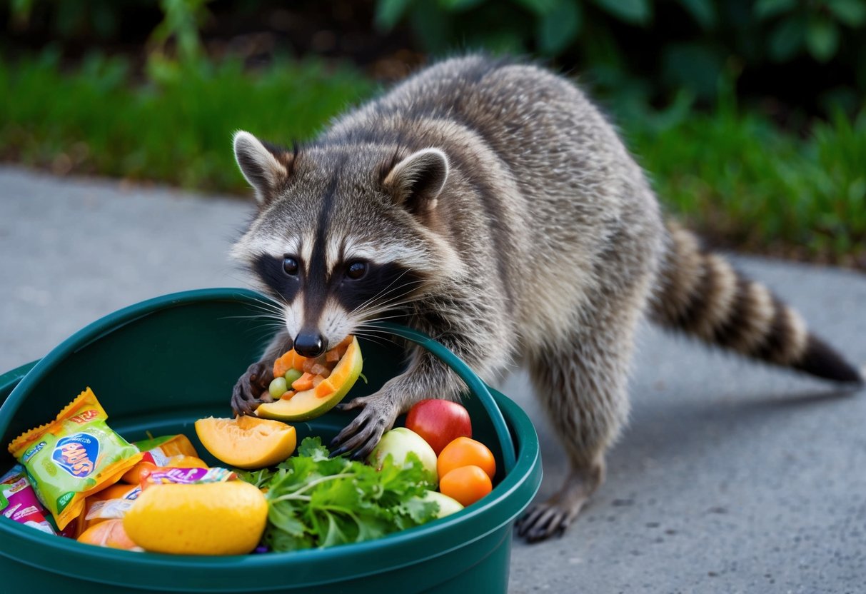 A raccoon rummages through a garbage can, pulling out scraps of food left by humans. It eagerly eats leftover fruits, vegetables, and packaged snacks