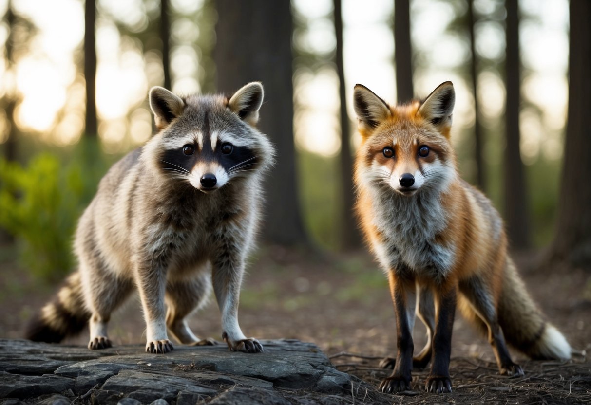 A raccoon dog and a fox stand side by side, comparing their physical characteristics and behavior