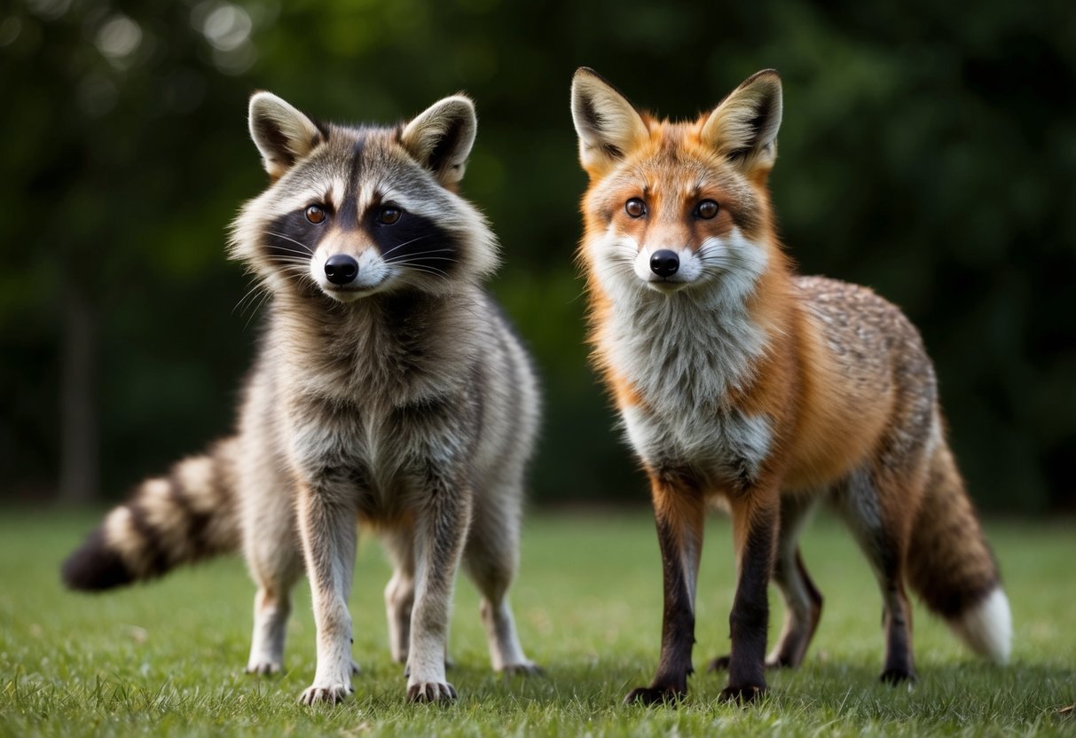 A raccoon dog and a fox standing side by side, their distinct features and differences evident in their fur, facial expressions, and body shapes