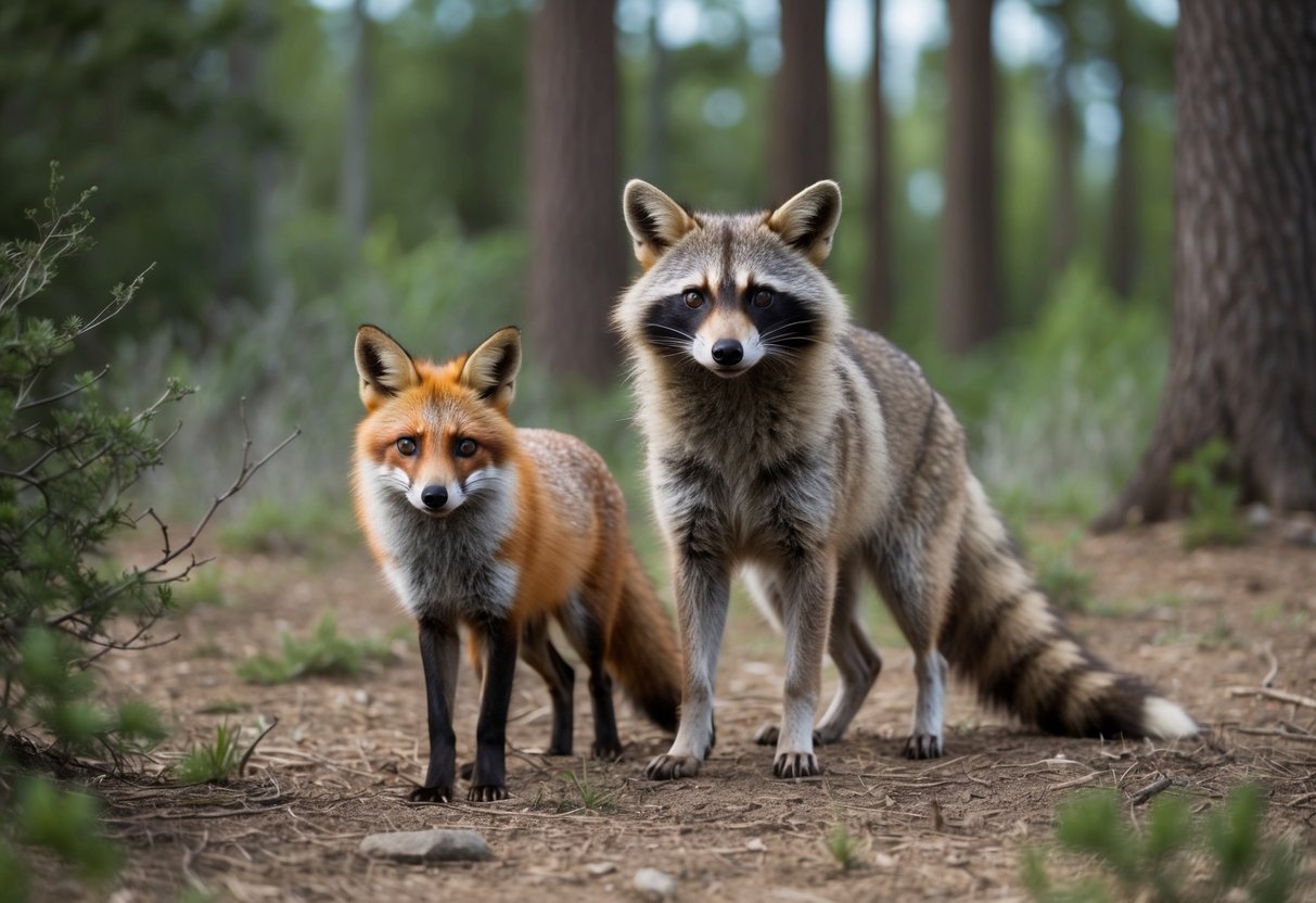 A raccoon dog and a fox stand in a forest clearing, surrounded by trees and bushes. The raccoon dog has a distinct mask-like facial marking, while the fox has a bushy tail and pointed ears