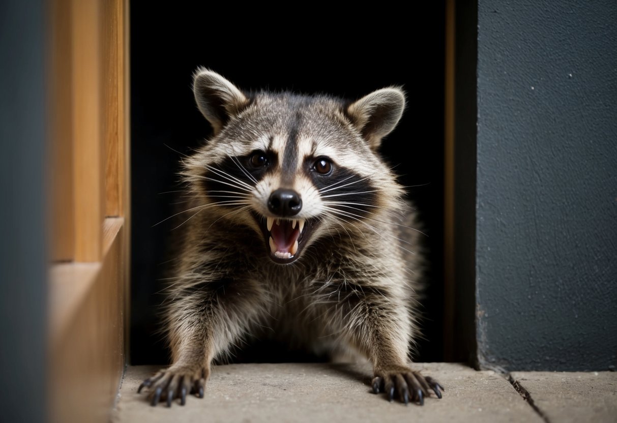 A raccoon lunges from a dark corner, teeth bared, claws extended