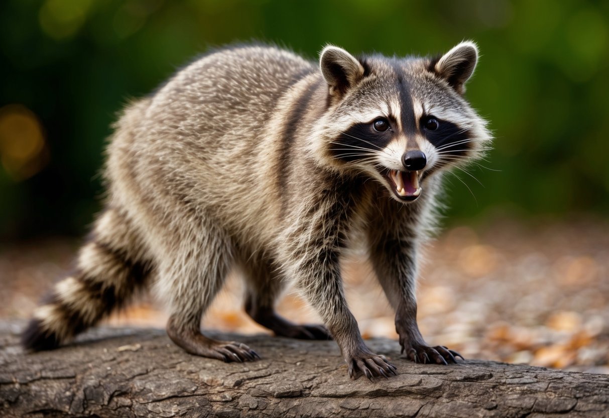 A raccoon bares its teeth, standing on hind legs, ready to attack