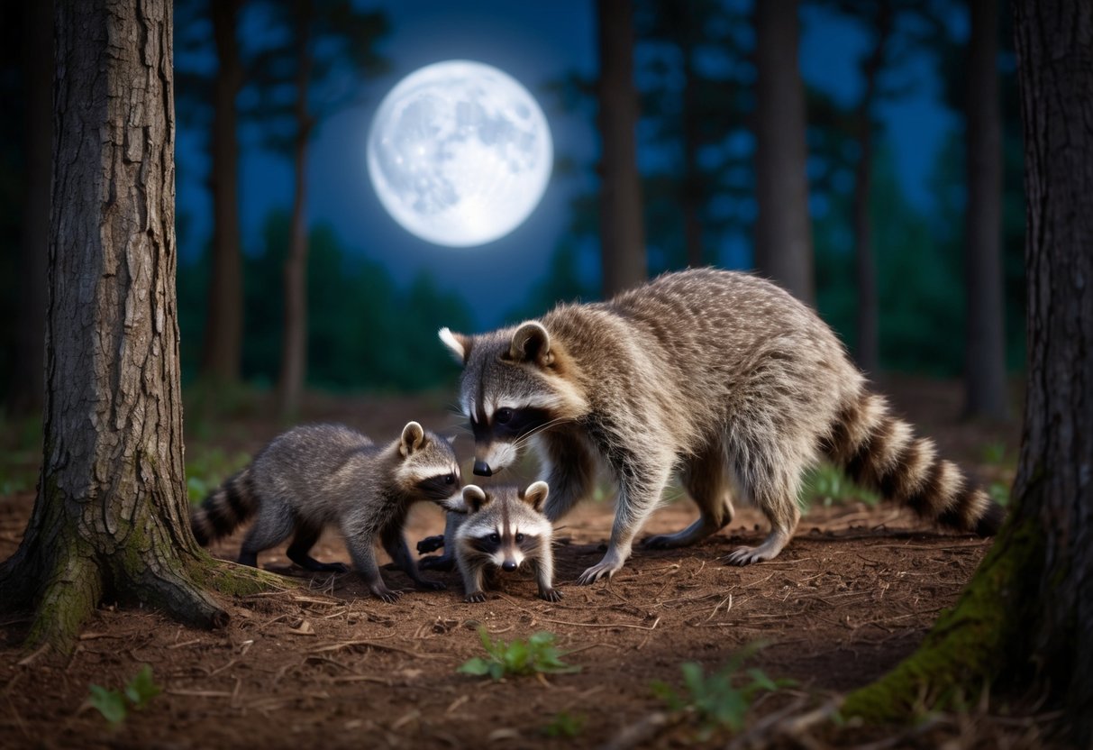 A raccoon family playing in a moonlit forest clearing. The mother nuzzles her young while they explore and frolic among the trees
