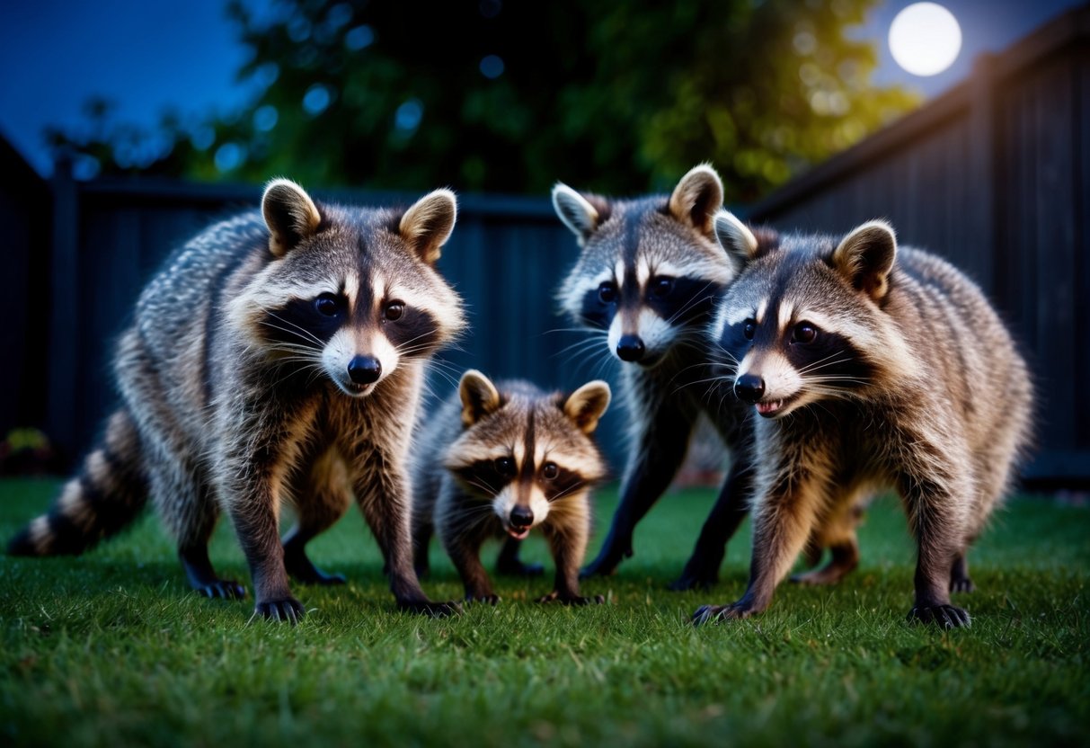 A family of raccoons playfully explores a moonlit backyard, their masked faces and agile movements captivating viewers