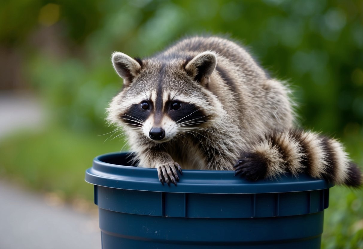 A raccoon peers curiously from a trash can, its masked face and fluffy tail endearing to onlookers
