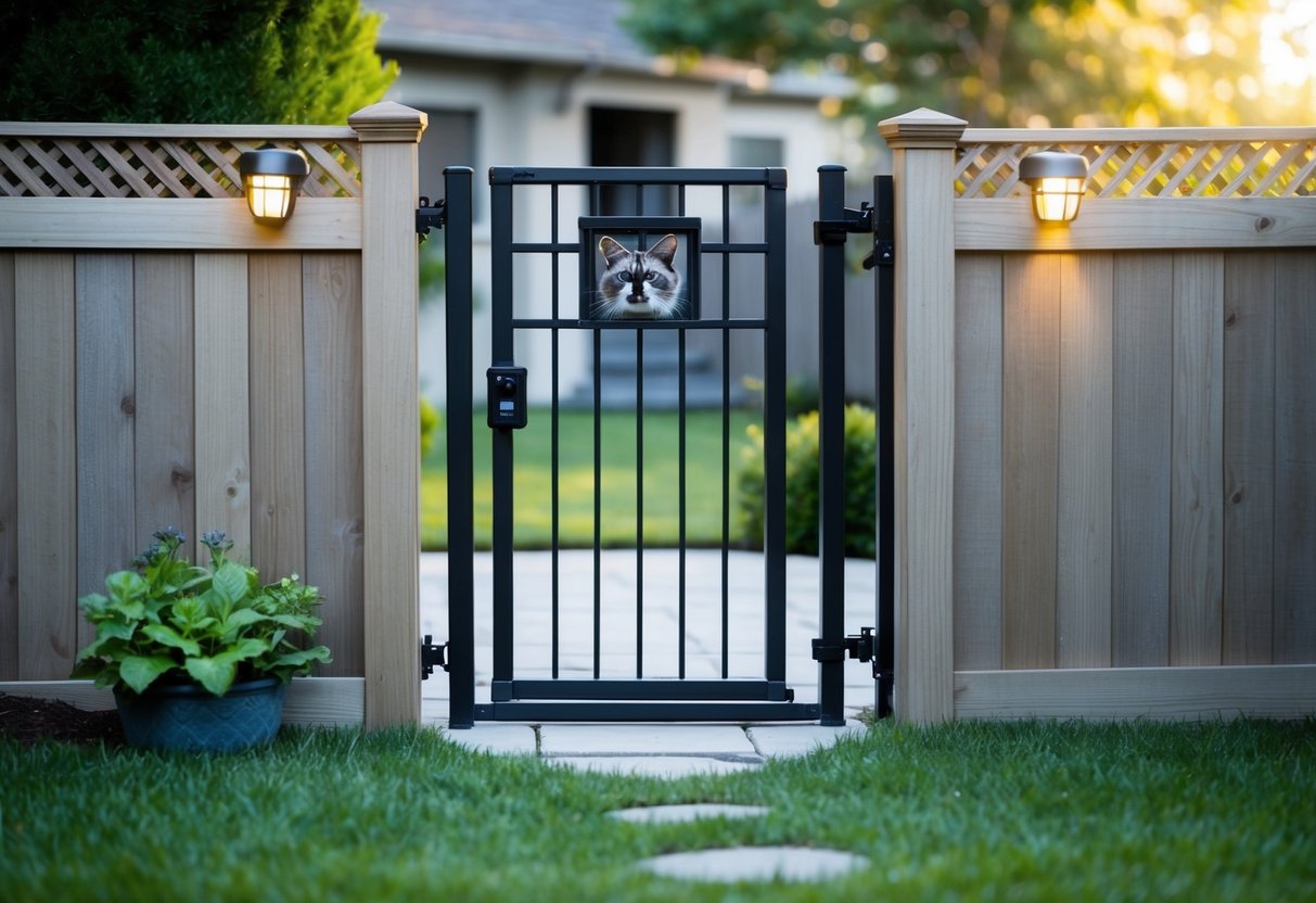 A sturdy fence surrounds a cozy backyard with a cat door. Motion-activated lights and sprinklers are installed to deter raccoons