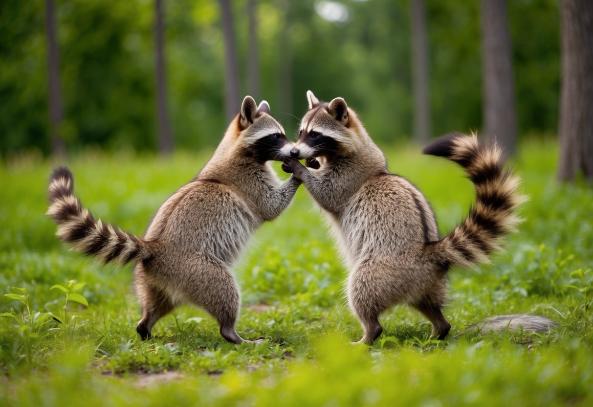 Two raccoon dogs playfully nuzzle each other in a lush forest clearing, their tails intertwined as they bond for life