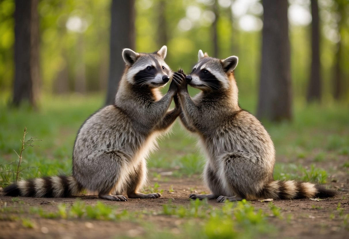 A pair of raccoon dogs grooming each other in a peaceful forest clearing