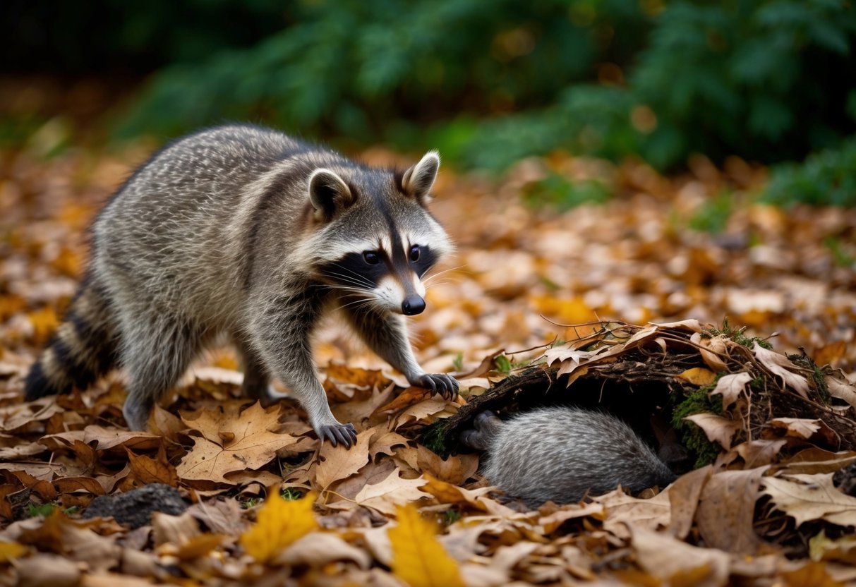 A raccoon scavenges through a pile of fallen leaves, uncovering a small animal carcass hidden underneath