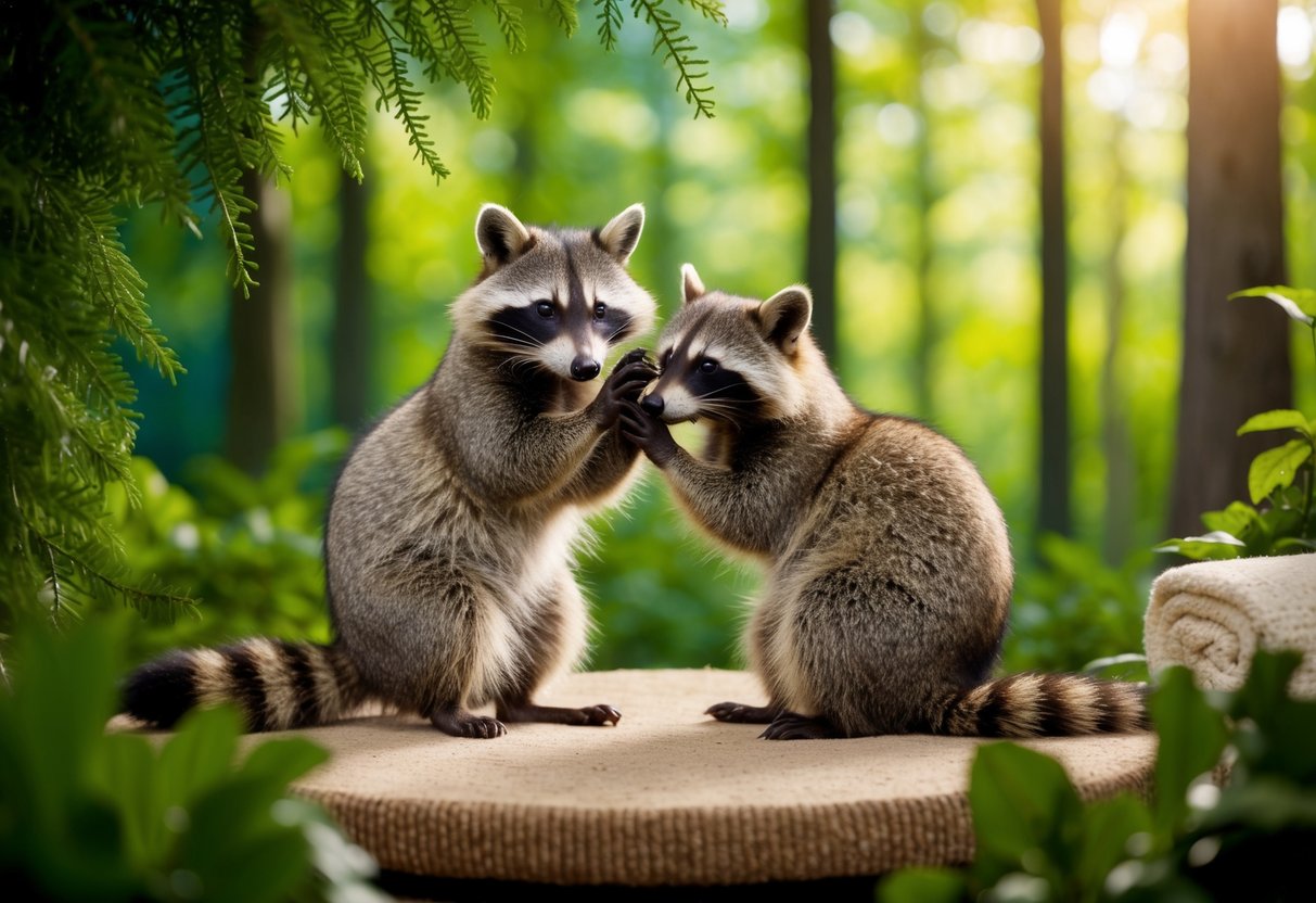 Two raccoon dogs grooming each other in a cozy den, surrounded by lush greenery and a serene forest backdrop