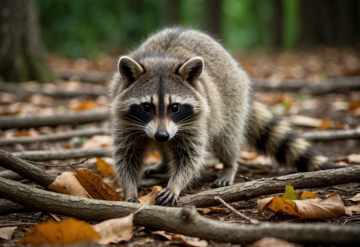 A raccoon scavenging for food among fallen branches and leaves in a forest clearing